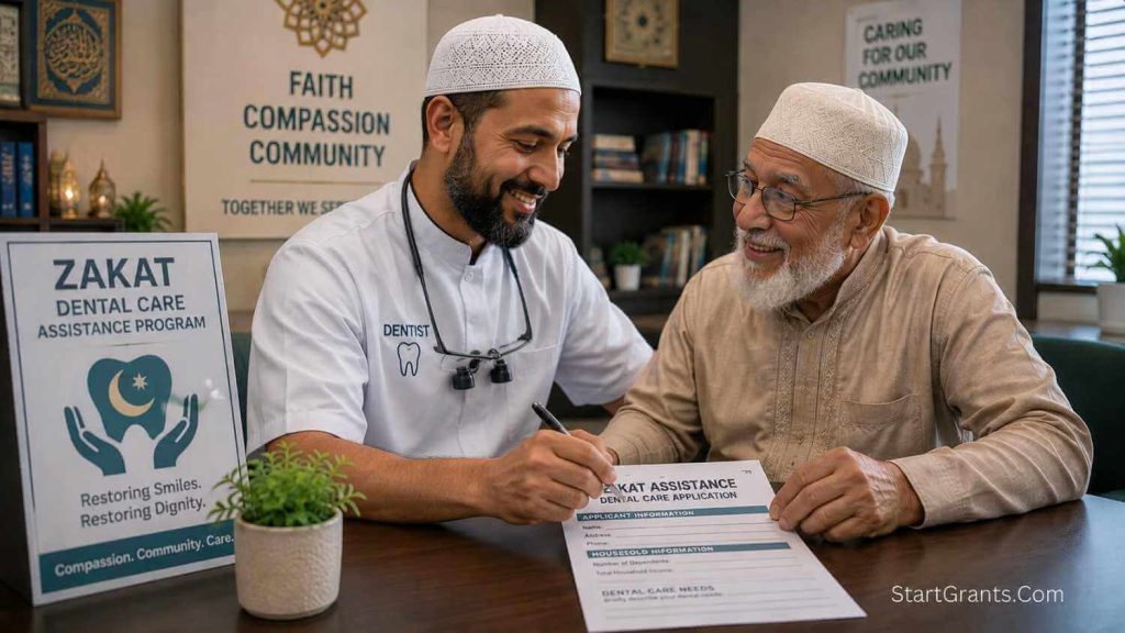 An elderly Muslim man receiving Zakat funds to pay for his dentures, avoiding Riba-based dental loans.