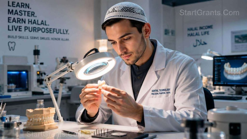 A Muslim dental lab technician student examining a ceramic crown in a laboratory setting.