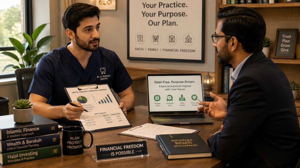 A Muslim dentist discussing Halal strategies to eliminate student loan debt with an advisor.
