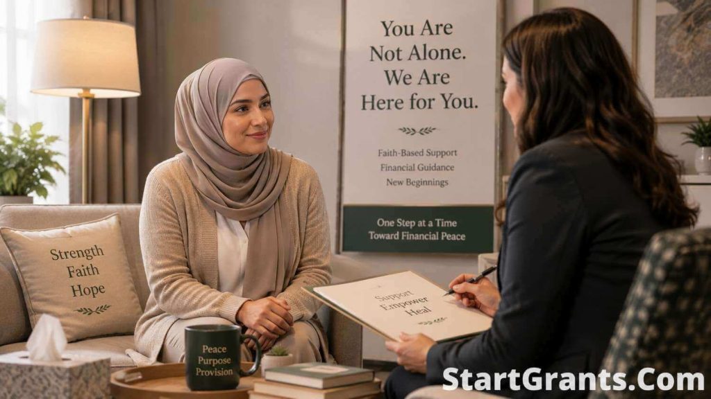A Muslim domestic violence survivor receiving confidential and supportive counseling regarding Halal medical funding.