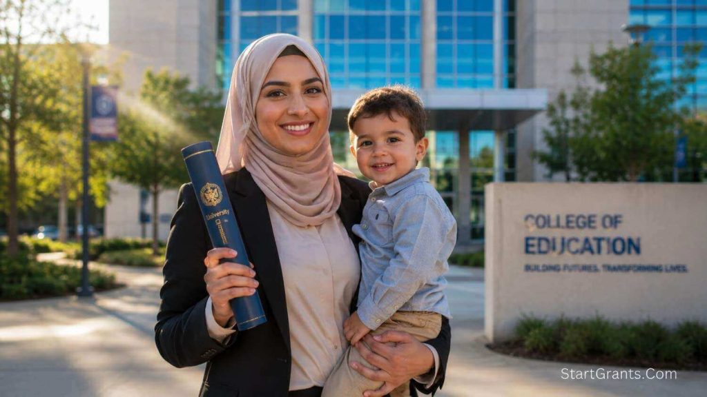 A Muslim single mother in a hijab proudly holding her university diploma and her child.