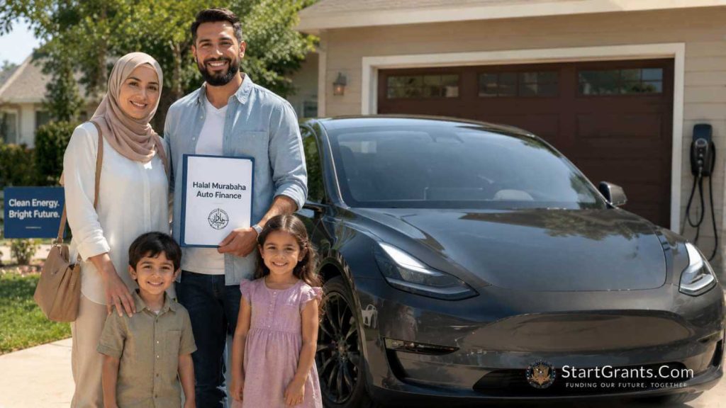 A Muslim family standing next to an electric car purchased using Halal Murabaha financing and government grants.