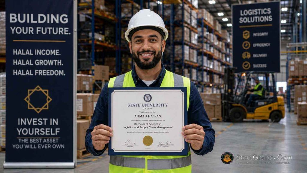 A Muslim employee in a safety vest holding a college diploma