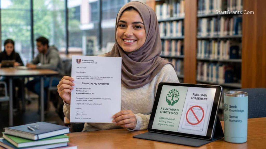 A Muslim student successfully securing Halal educational funding through grants and Qard Hasan.