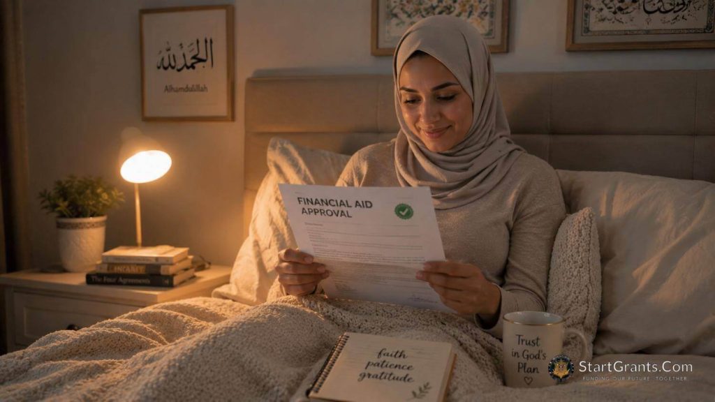 A Muslim mother on bed rest smiling as she reads a financial aid approval letter.