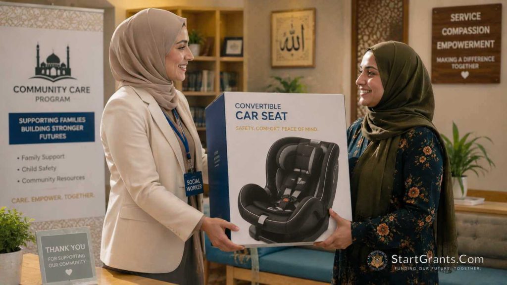 A Muslim mother receiving a free car seat from a Halal community charity program.