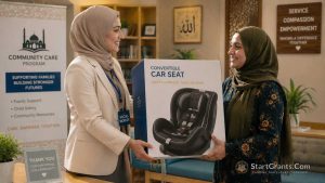 A Muslim mother receiving a free car seat from a Halal community charity program.