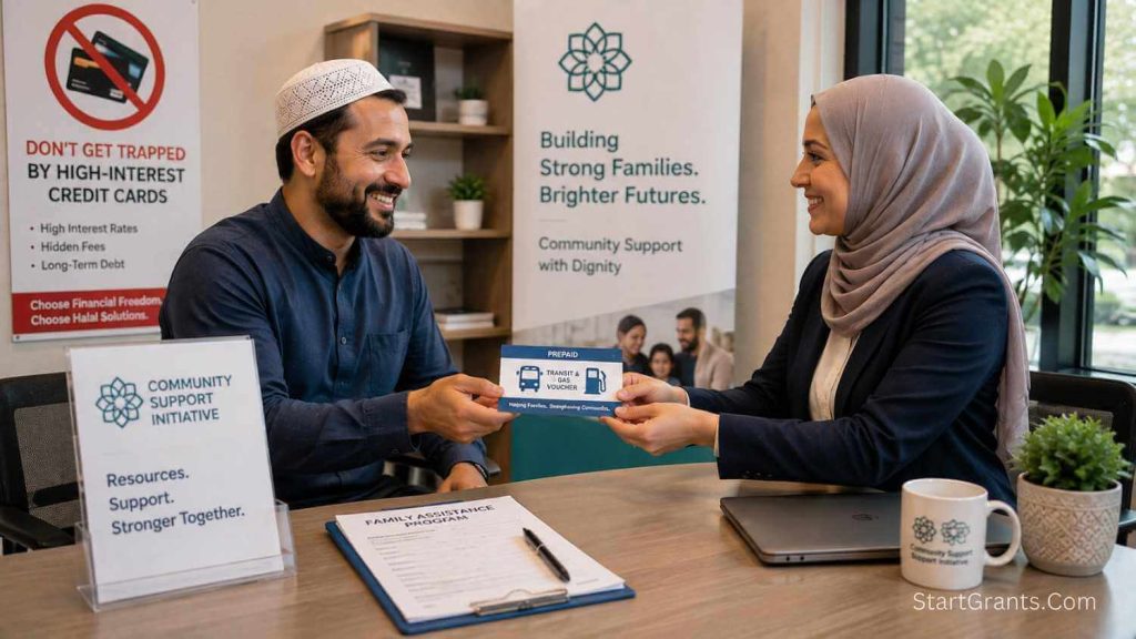 A Muslim father receiving a Halal gas card and transportation voucher from an Islamic community center.