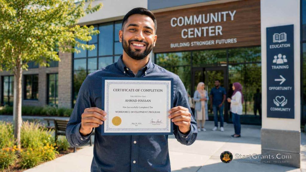 Muslim adult holding a high school equivalency credential after completing GED preparation