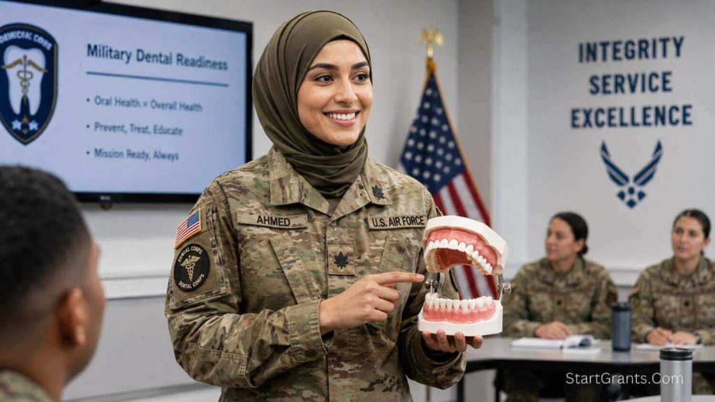 A Muslim female military dental officer in a hijab and uniform holding a dental model.