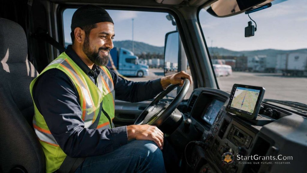 A Muslim truck driver in a safety vest sitting inside the cab of a commercial truck.