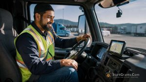 A Muslim truck driver in a safety vest sitting inside the cab of a commercial truck.