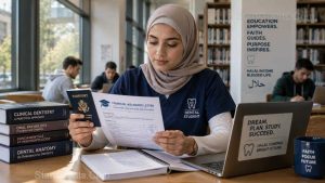 A Muslim international dental student reviewing financial documents with her passport in a library.