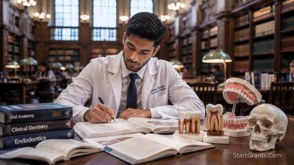 A Muslim minority dental student studying in a university library with anatomical models.