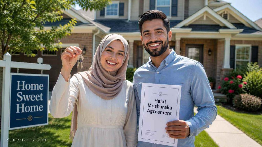 A Muslim couple celebrating their new home purchased with Halal financing and government grants.