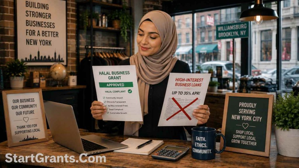 A Muslim small business owner in NY reviewing Halal grants and avoiding Riba-based loans.