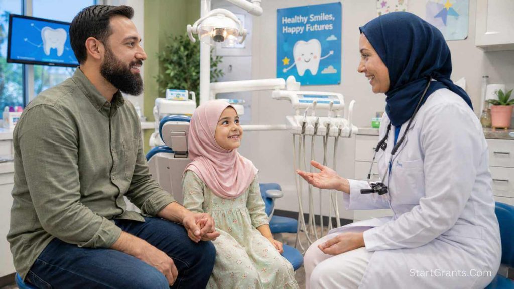 A Muslim father and his daughter consulting a pediatric dentist about debt-free treatments.