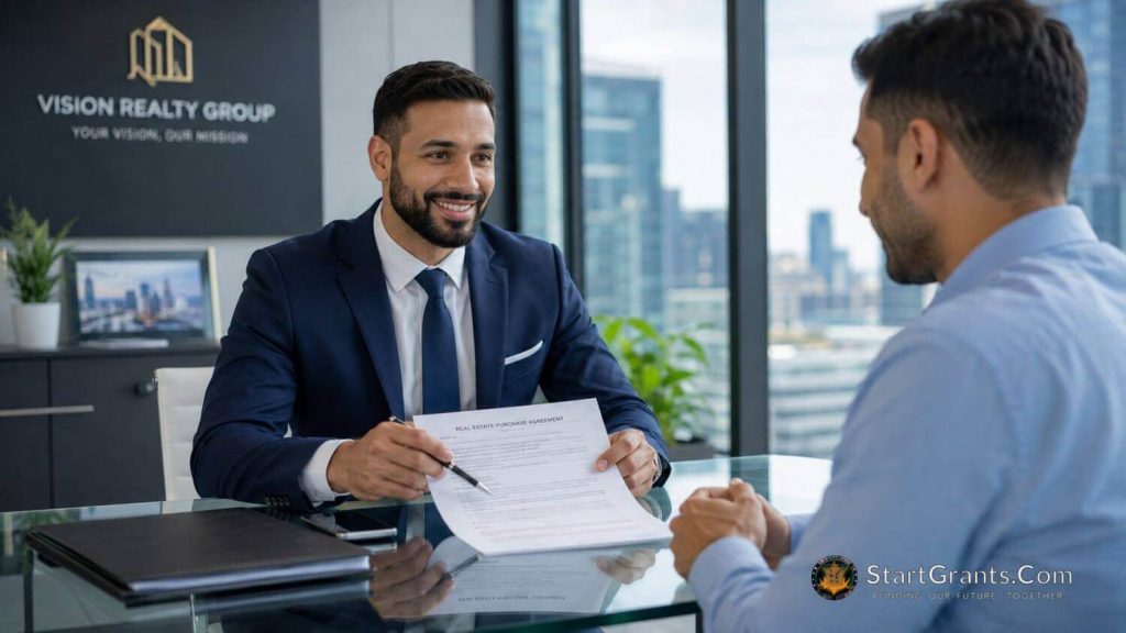 A Muslim real estate professional reviewing a property agreement with a client