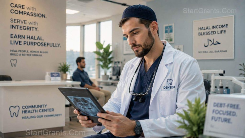 A Muslim dentist reviewing an x-ray in a rural community health clinic.