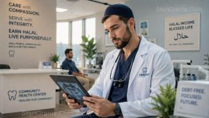 A Muslim dentist reviewing an x-ray in a rural community health clinic.