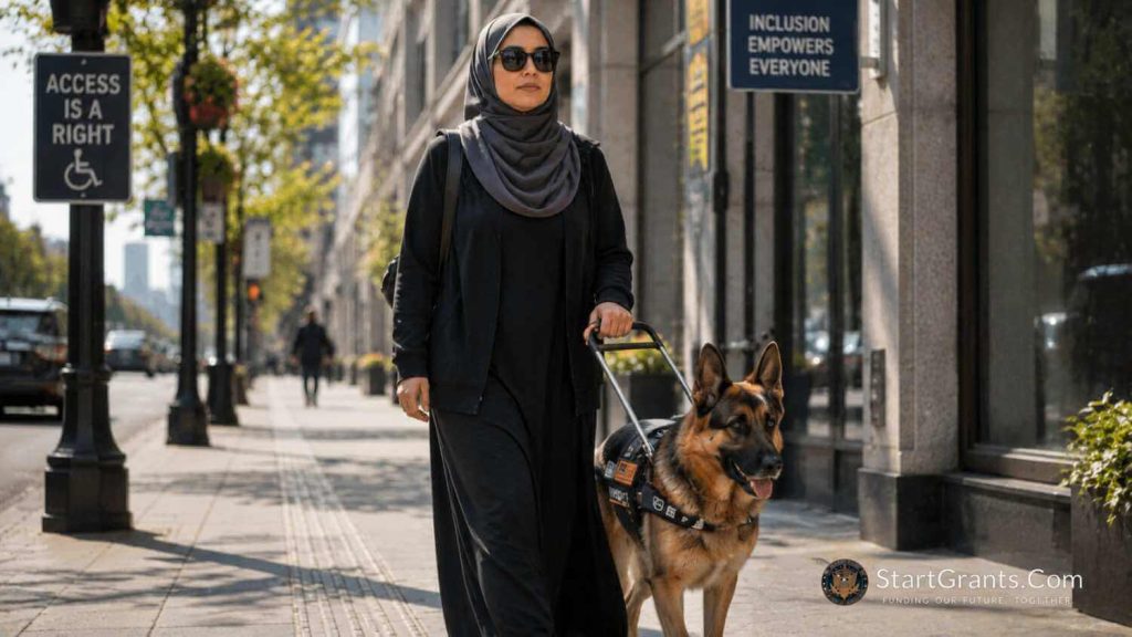 A visually impaired Muslim woman confidently walking with a guide dog funded by Halal community grants.