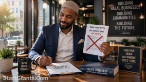 A Muslim entrepreneur utilizing 401k business funding to launch a Halal startup without Riba-laced commercial loans.