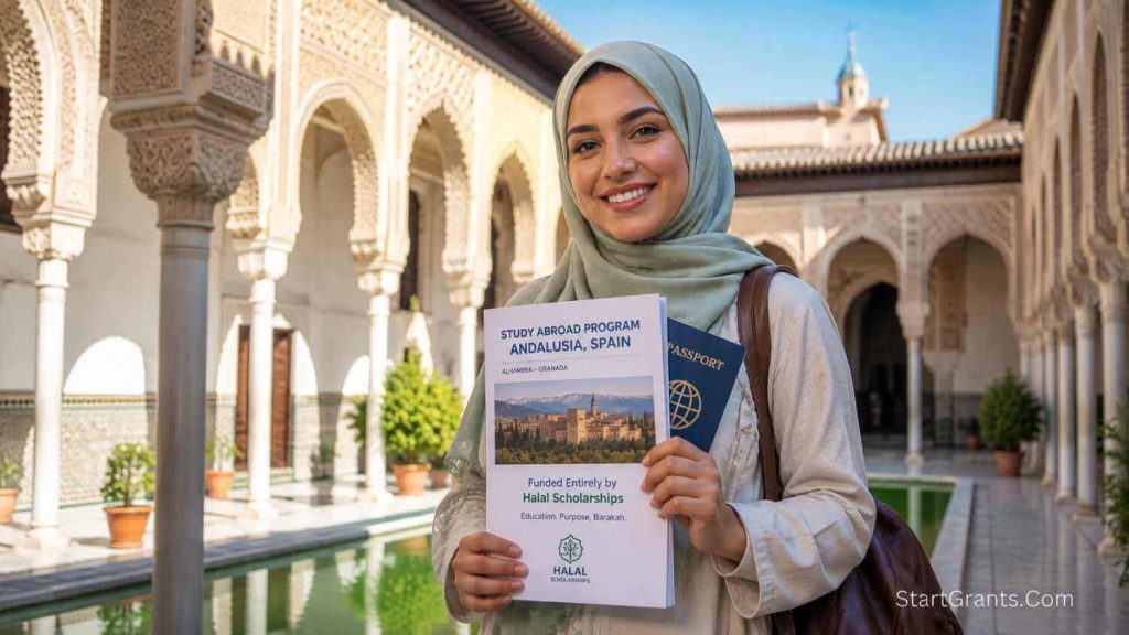 A Muslim college student studying abroad in Spain, funded ethically by Halal scholarships without Riba.