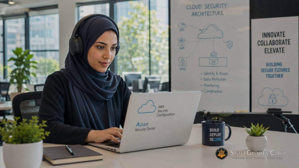 A Muslim woman in a hijab working on cybersecurity network systems in a modern tech office.