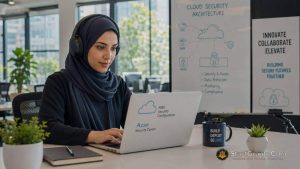 A Muslim woman in a hijab working on cybersecurity network systems in a modern tech office.