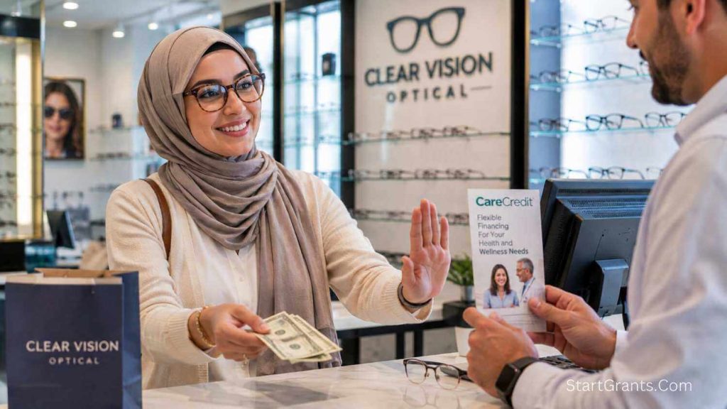 A Muslim patient paying for prescription glasses with cash, avoiding the Riba trap of medical credit cards.