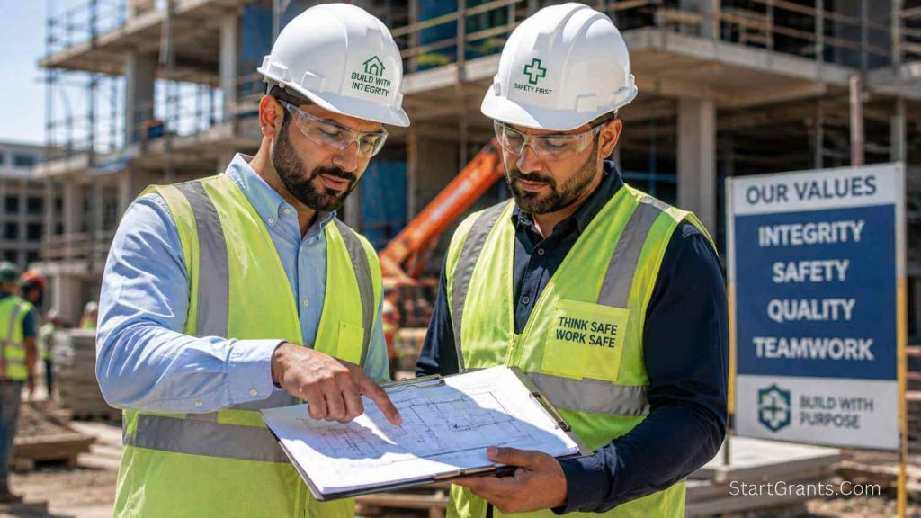 A Muslim construction supervisor reviewing safety blueprints with a worker on a job site.