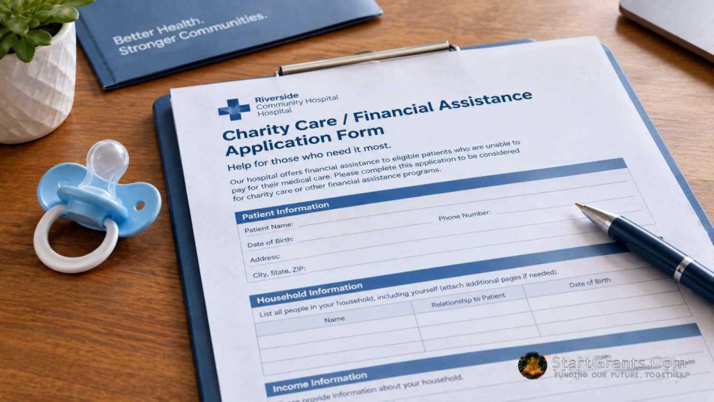 A hospital financial assistance application beside a pacifier and pen.