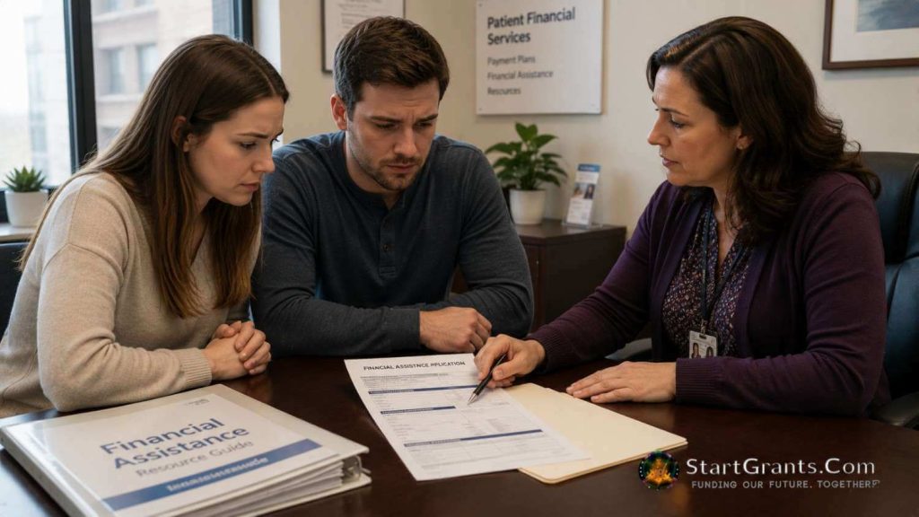 A hospital social worker helping NICU parents complete a financial assistance application.