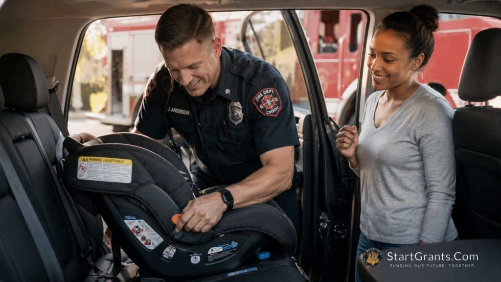 A firefighter installing a free infant car seat for a low-income mother funded by safety grants.