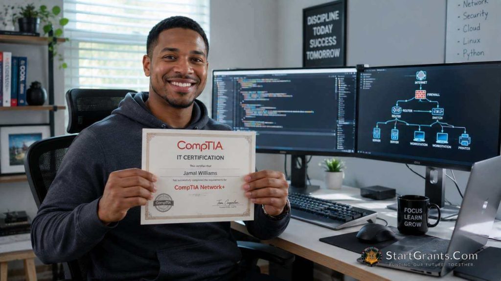 An unemployed worker who successfully transitioned into tech holding a CompTIA IT certification paid for by government grants.