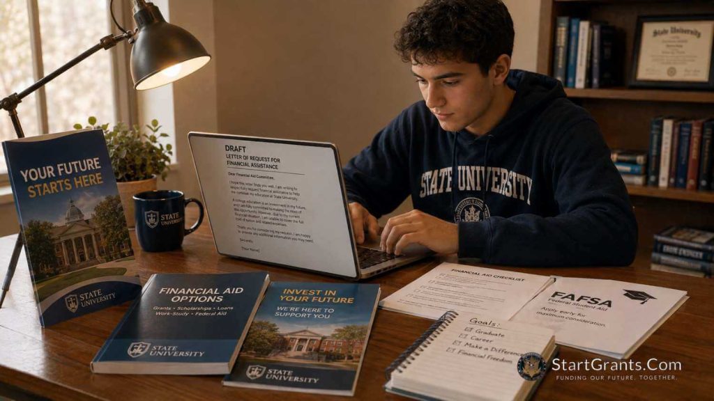 A student typing a letter requesting financial assistance for education on a laptop.