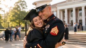 A US Marine in dress blues hugging his daughter who is wearing a college graduation gown.