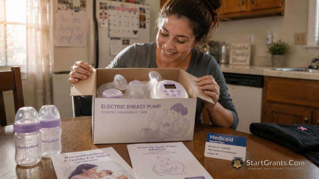 A mother unboxing a brand new electric breast pump provided for free by Medicaid and WIC programs.