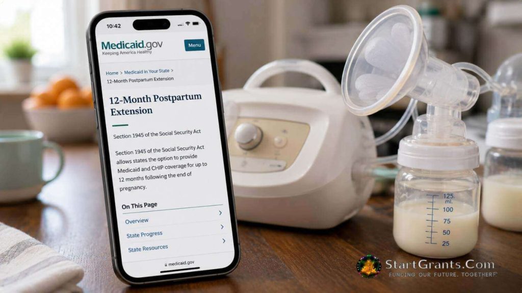 A smartphone displaying information about the Medicaid 12-month postpartum coverage extension.
