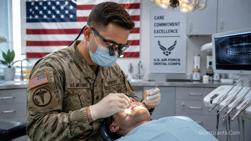 A US military dentist in camouflage scrubs treating a patient in a modern clinic.