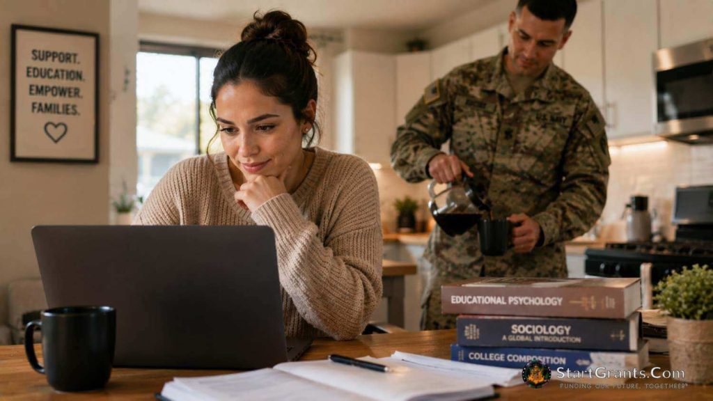 A military spouse studying on a laptop at a kitchen table while a soldier in uniform stands in the background.