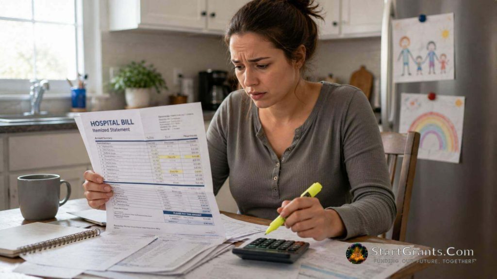 A mother comparing an itemized childbirth hospital bill with insurance documents.