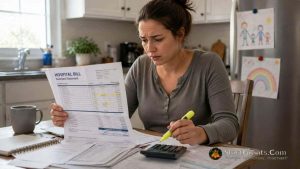 A mother highlighting errors on an itemized hospital bill for childbirth.