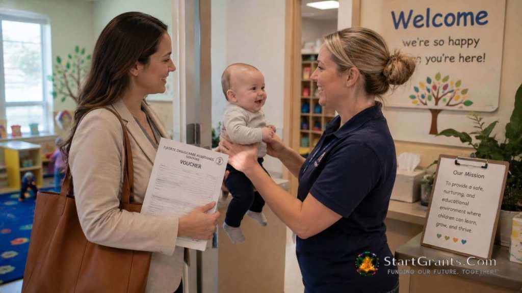 Mother bringing her infant to an approved child care provider while holding a subsidy authorization