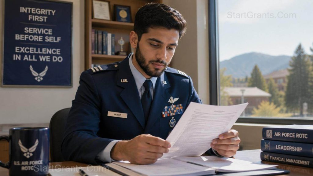 A Muslim Air Force ROTC cadet reviewing documents thoughtfully at a desk.