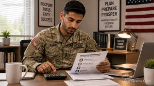 A Muslim military service member reviewing financial education documents to ensure Halal compliance.