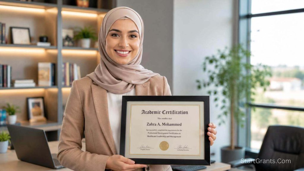 A Muslim female military spouse wearing a hijab smiling while holding a new professional certification diploma.