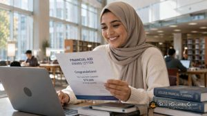 A Muslim female college student wearing a hijab smiling while reviewing her scholarship award letter on a laptop.
