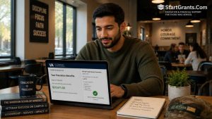 A Muslim veteran student with a beard reviewing his VA benefits and financial aid on a laptop at a cafe.