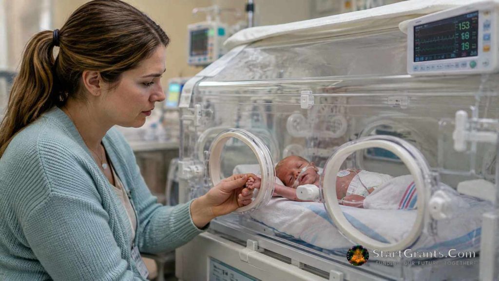 A mother holding her premature baby's hand inside a hospital NICU incubator.